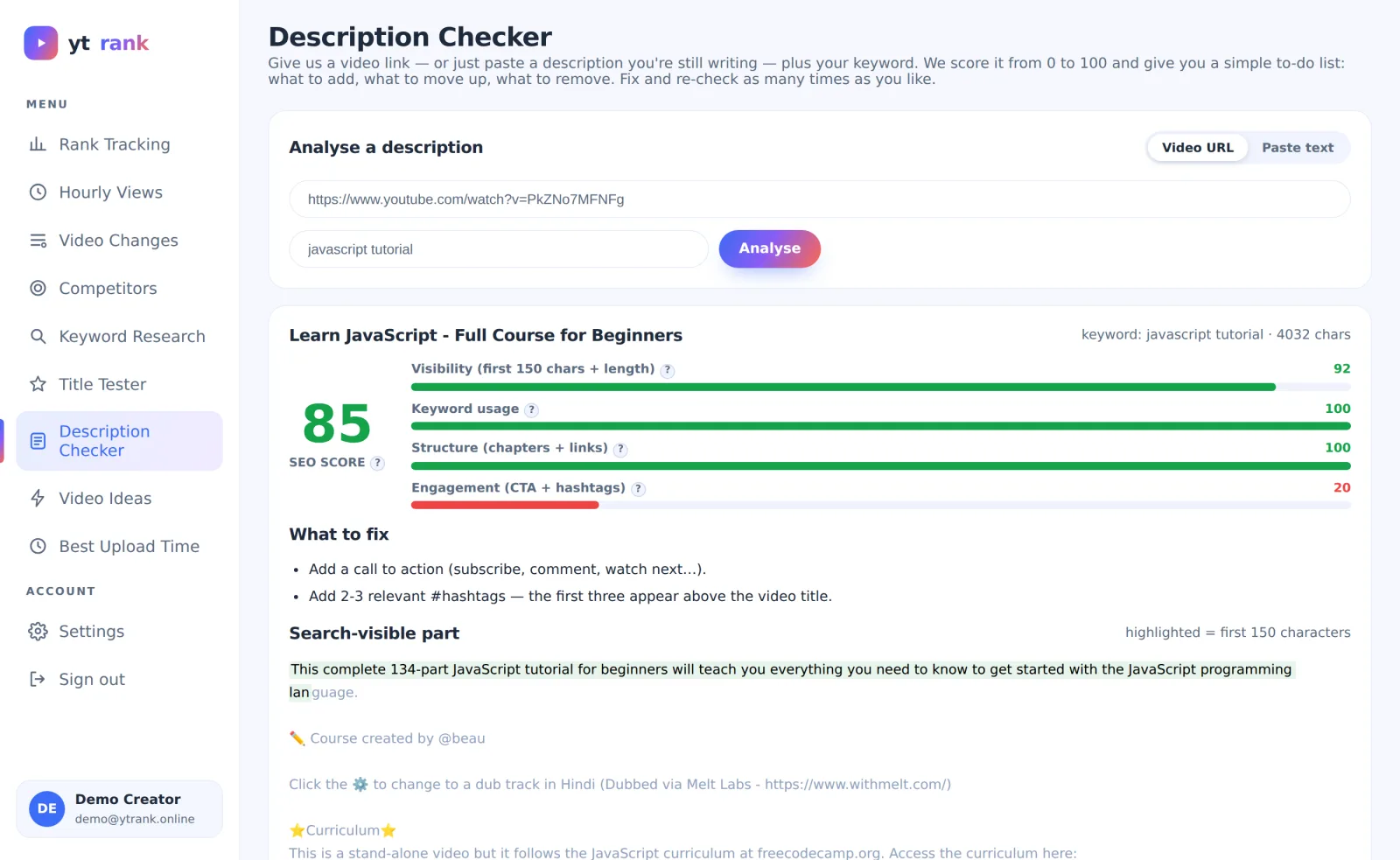ytrank Beschreibungs-Check zeigt einen SEO-Score von 85 mit Kategorie-Balken und Verbesserungsliste