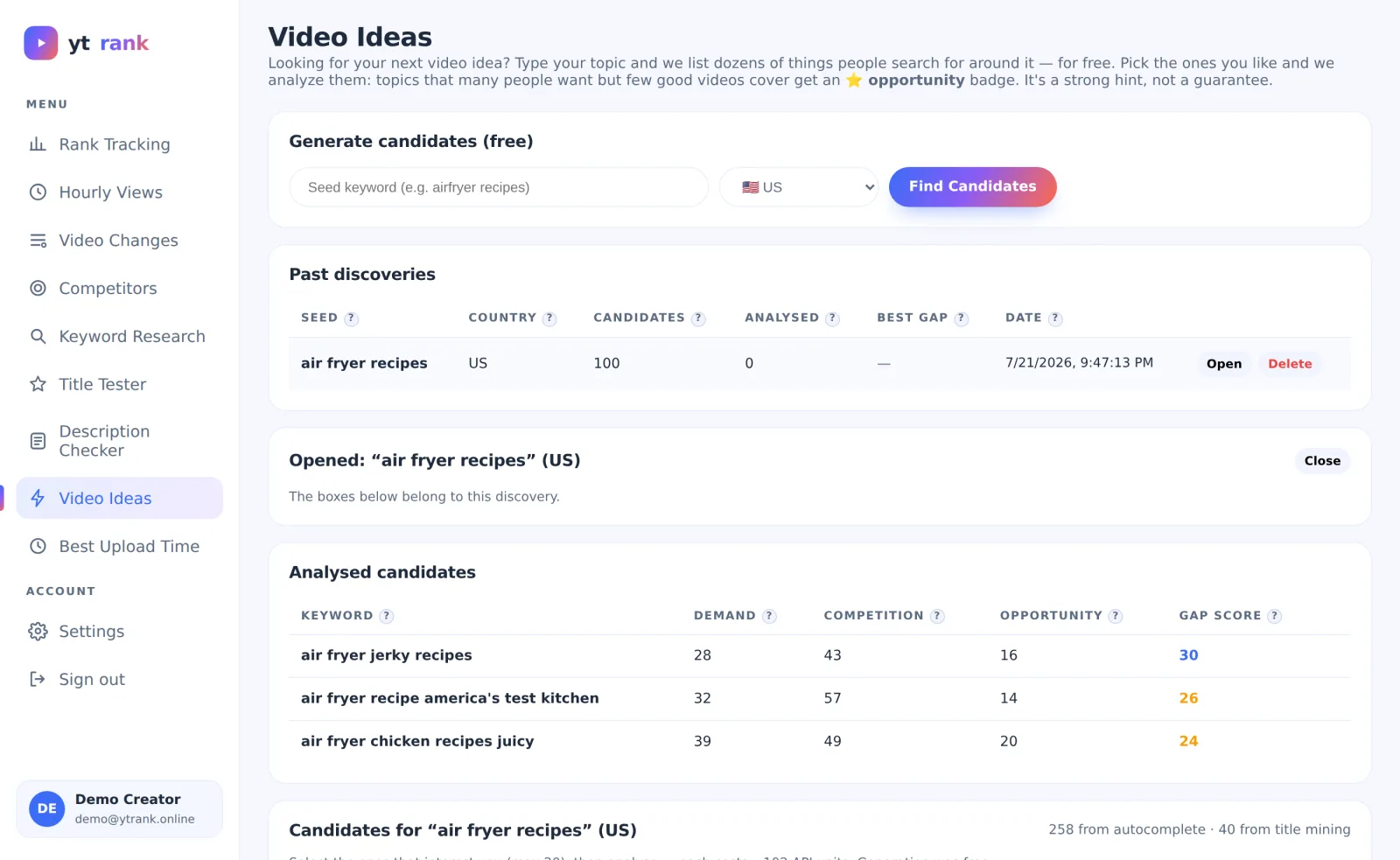 ytrank Video-Ideen-Seite mit analysierten Keyword-Kandidaten und Lücken-Scores