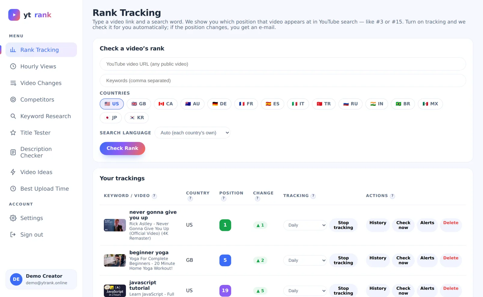 ytrank Rank-Tracking-Dashboard mit einem Video auf Platzierung #1 für sein Keyword mit Veränderungspfeilen