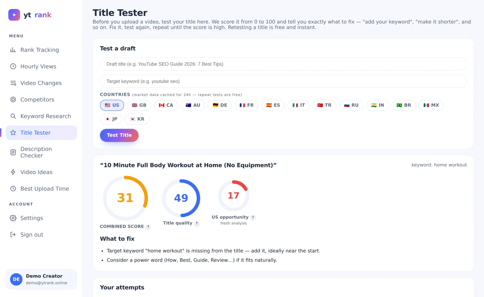 ytrank Titel-Tester bewertet einen Video-Titel-Entwurf mit Gesamt-Score-Anzeigen und Vorschlägen